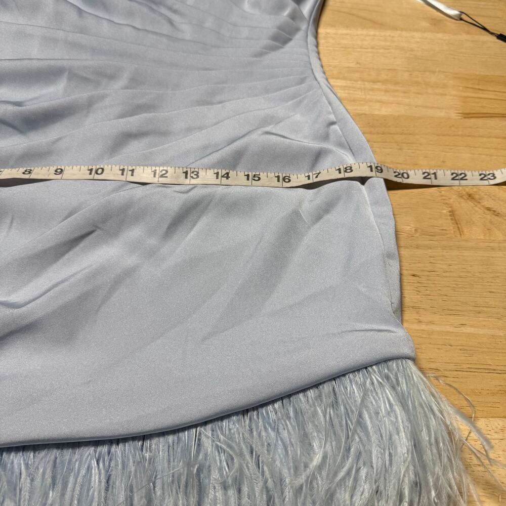 Mac Duggal NWT Feather Trim One Shoulder Draped Mini Dress Powder Blue Size 8 - Picture 9 of 10